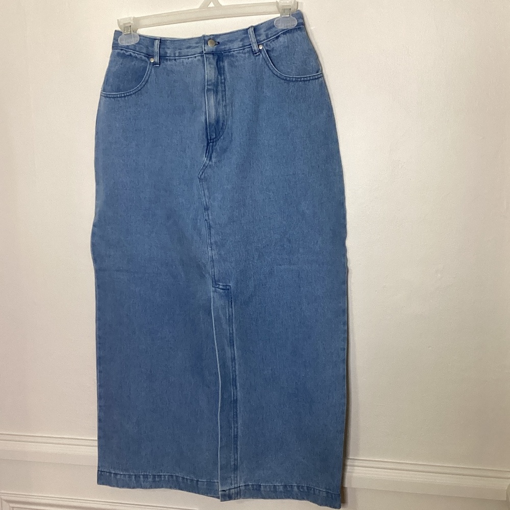 Vintage Lew Magram Long Denim Skirt Jean Front Slit Modest Church USA 12 28 Vint